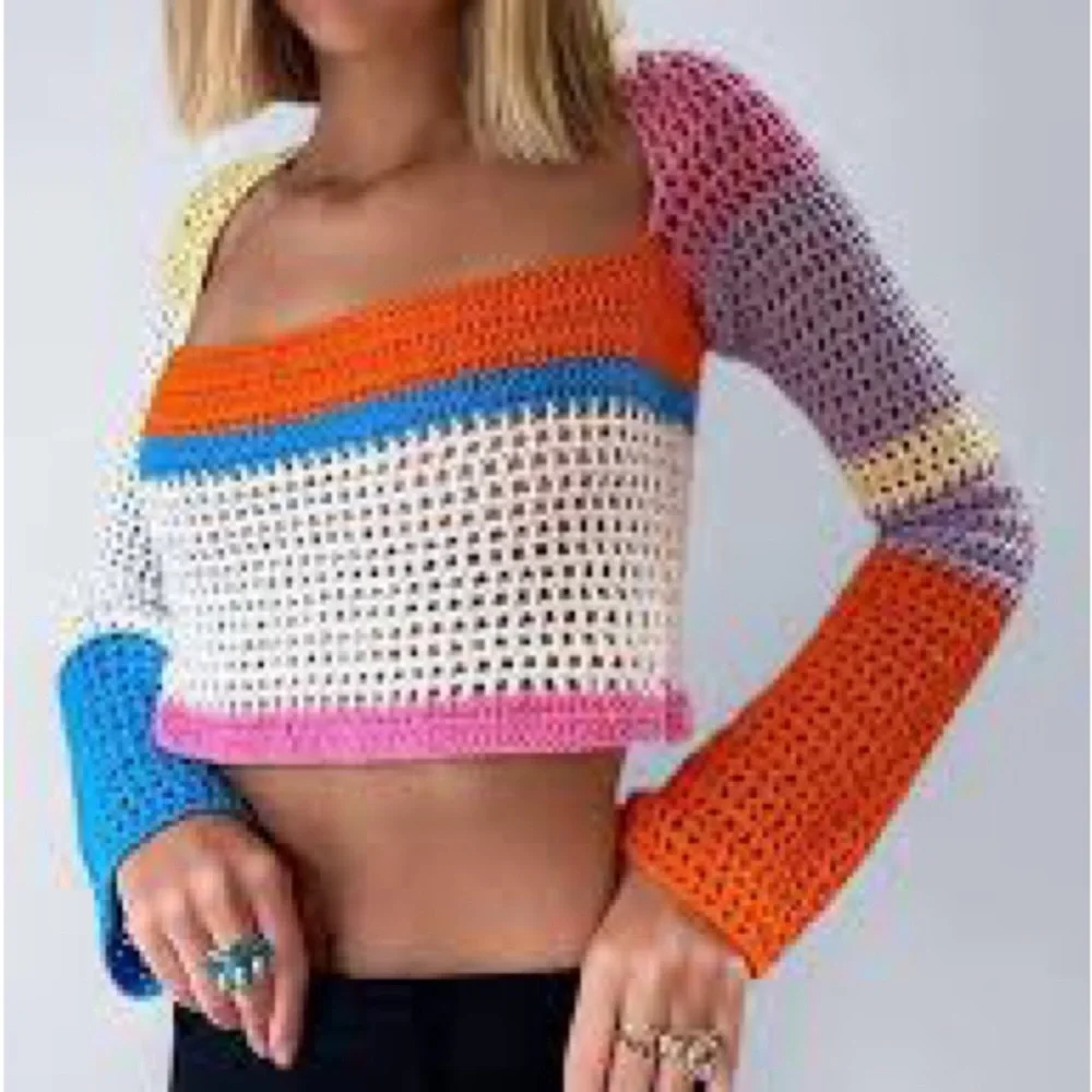 Long Sleeve Crochet Crop Top Color Block Hollow Out Shirt, M